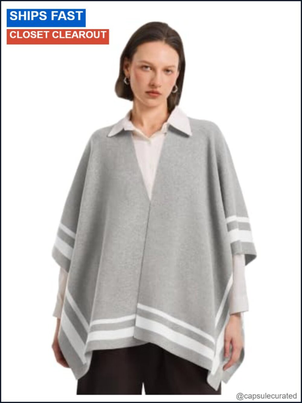 Open Front Poncho Shawl Wrap Stripe Knit Cape Viscose Blend
